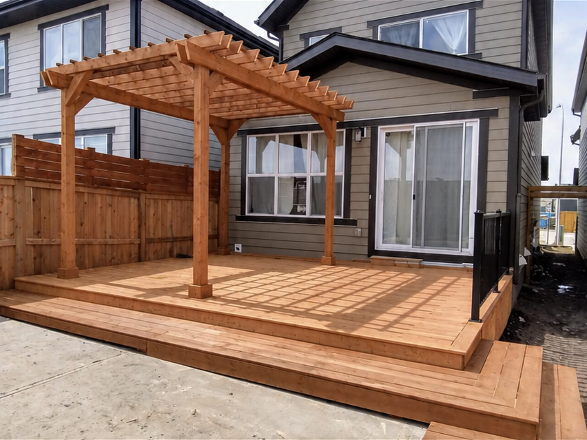Concept visualization: the same backyard after construction, cedar deck with an attached cedar pergola